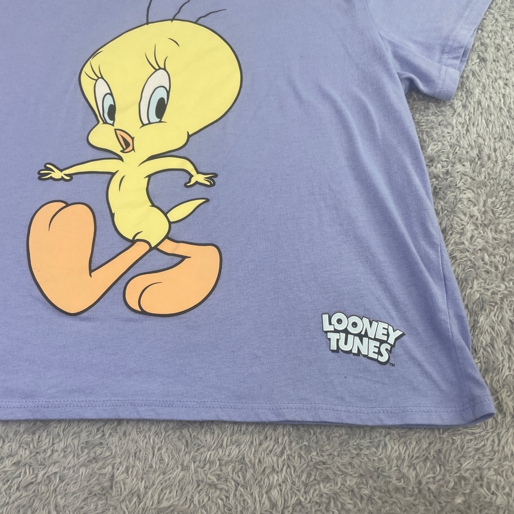 Looney Tunes Graphic T-Shirt Womens XL Purple Tweety Bird Characters Crop Top - Picture 2 of 6